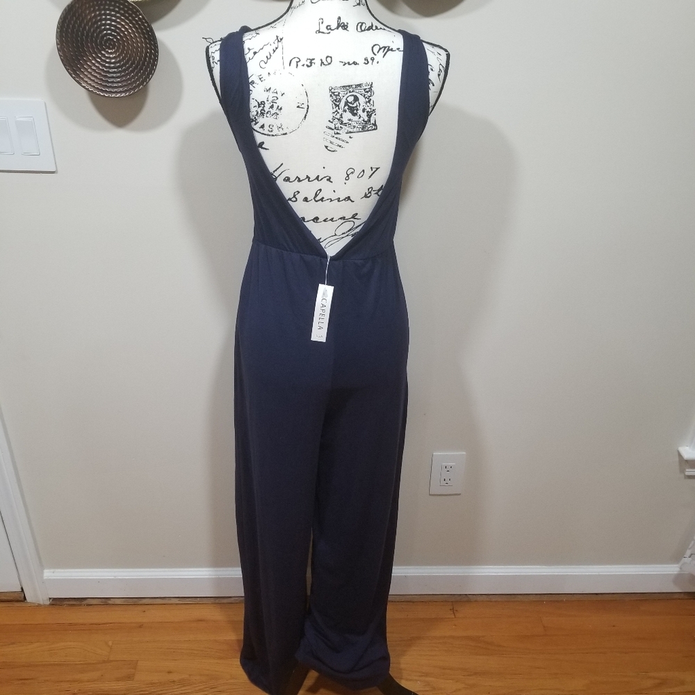 CAPELLA New!! Dark Blue Sleeveless Stretch Jumpsuit Size L, Cut in the front. - Picture 2 of 14